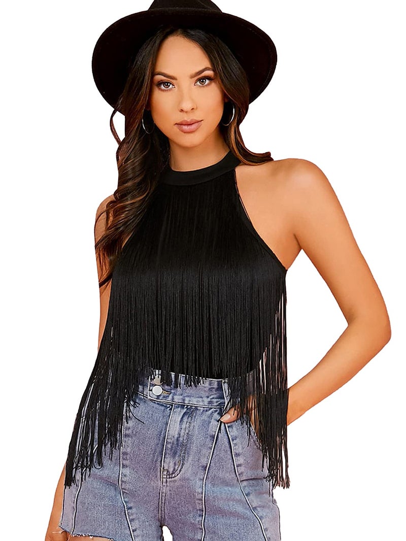 Verdusa Women's Western Fringe Tops Boho Sleeveless Bodycon Halter Bodysuit Top Cowboy Outfits Black X-Small - Image 1